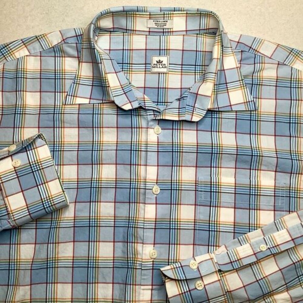 Peter Millar Long Sleeve Sport Shirt XL Multi Color Plaid Blue/Orange/Re…